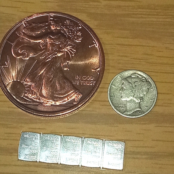 Bundle 1oz copper rounds + mercury Dime+ 5 grams of silver Valcambi barter bars - Picture 1 of 3